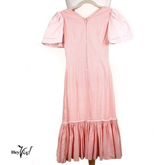 Vintage Pink Check Cotton Dress Fitted w Ruffle Metal Zip XS B32 W23 - Hey Viv - Picture 3 of 6